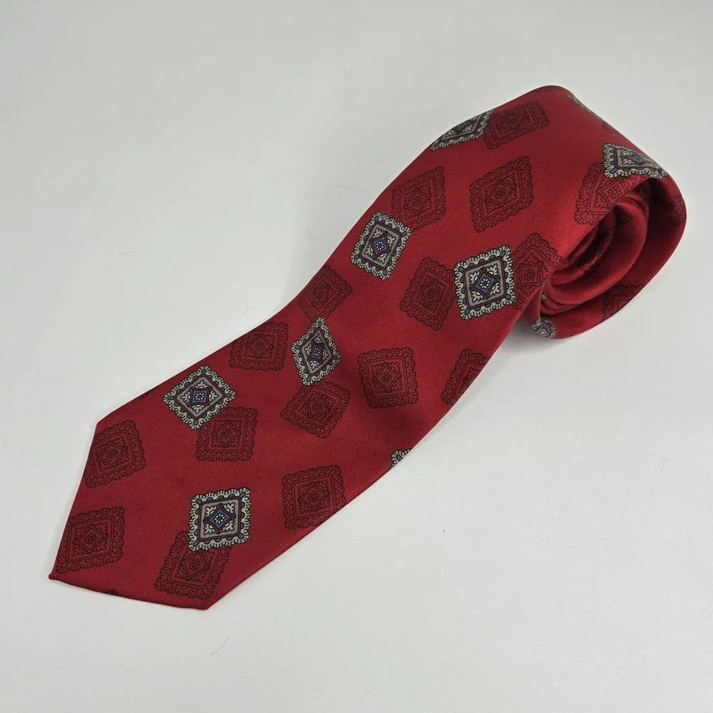 Vtg B. Altman & Co Tie Mens Silk Red Blue Geometric Medallion‎ Luxury Deadstock